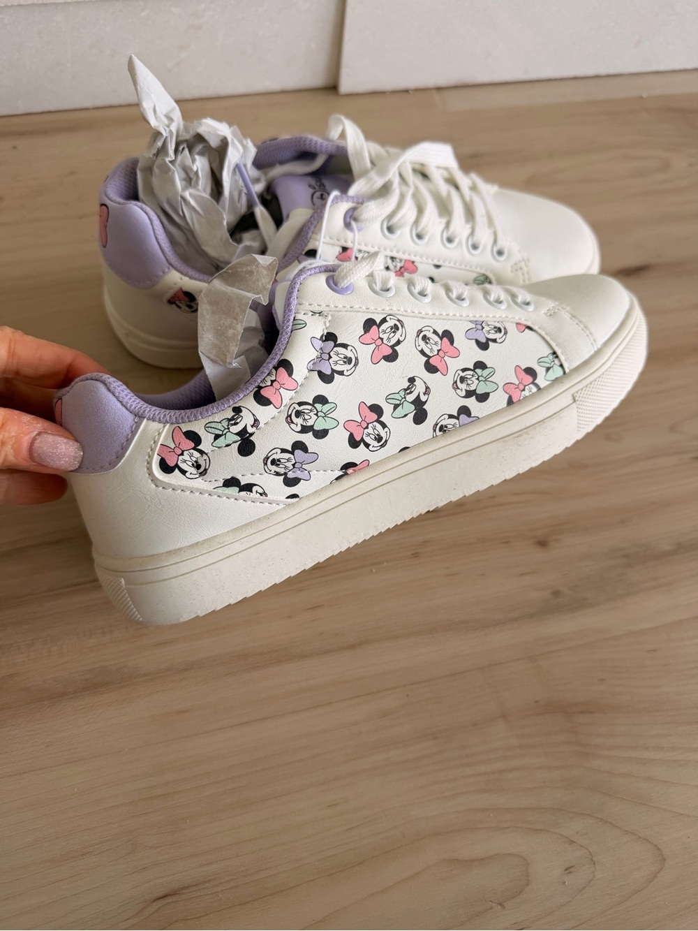 NEW Ladies White Sneakers with Pastel Minnie Mouse Print - Lavender Accents